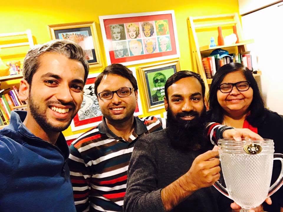 Cofounders at Social Champ; Sameer Ahmed Khan, Zohaib Ahmed Shakir, Shakir Ghani sharing the trophy with Jehan Ara on winning startup competition "Momentum 2017"