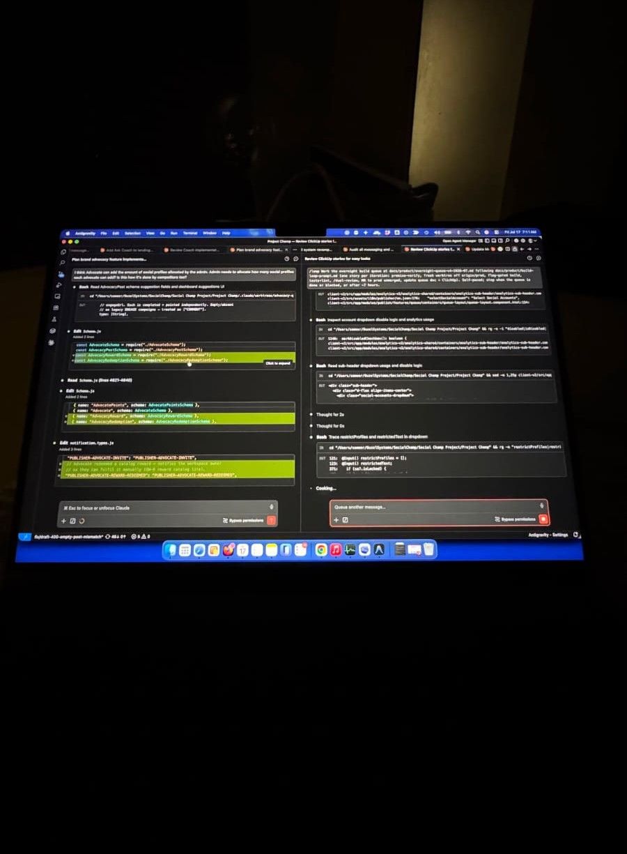 My MacBook just after 7am, two AI coding agent panes open side by side, one planning a feature while the other reviews work against the same codebase